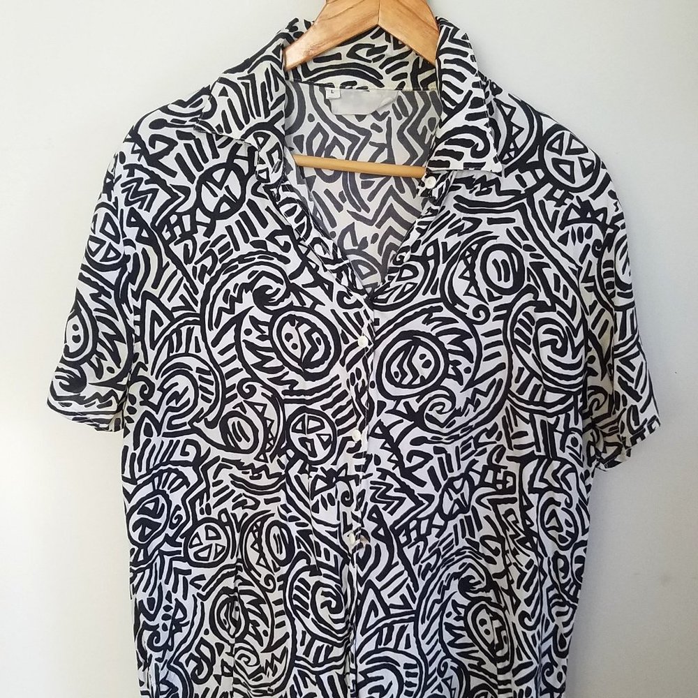 Black & White Pattern Short Sleeve Silk Button Up